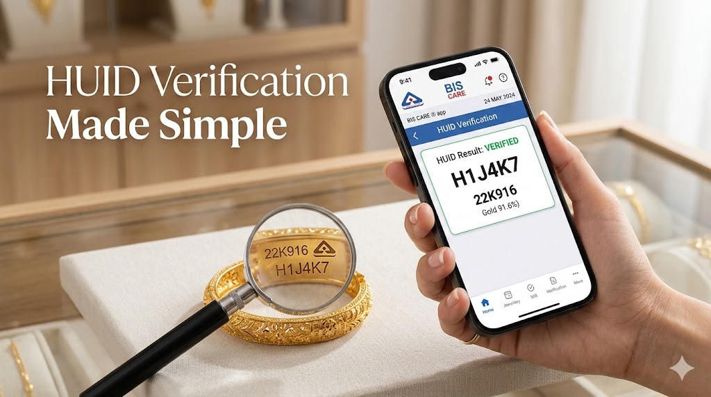 Checking HUID verification on BIS CARE app with BIS hallmarked gold jewellery